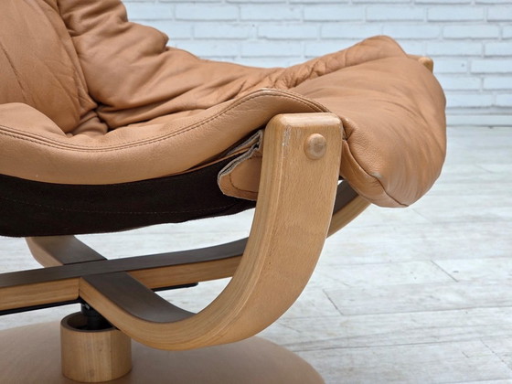 Image 1 of Scandinavische draaibare fauteuil uit de jaren 80, meubelleer, gebogen hout.