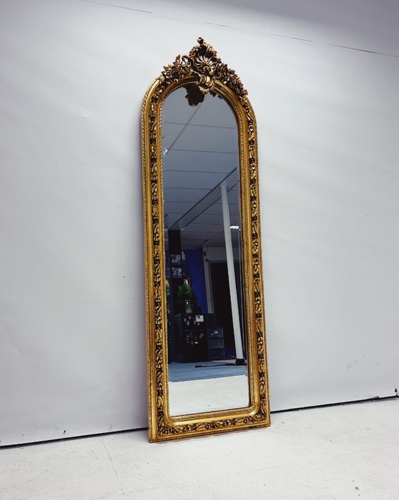 Large Golden Full-Length Mirror with Ornate Crest – Green Square, Wood, Vintage (photo 7 of 8)