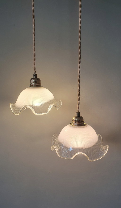 Set di 2 lampade a sospensione vintage in vetro bianco satinato, forma floreale, texture – hanglampen, Metal