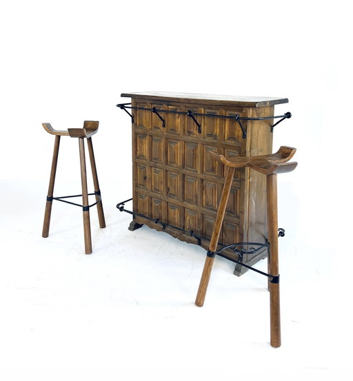 Vintage Brutalist Bar + 2 Stools '50s