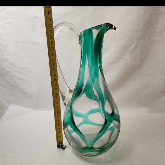 Handgeblazen kunstglazen kan uit het midden van de 20e eeuw in turquoise groen – organische, vrije vorm (photo 7 of 12)
