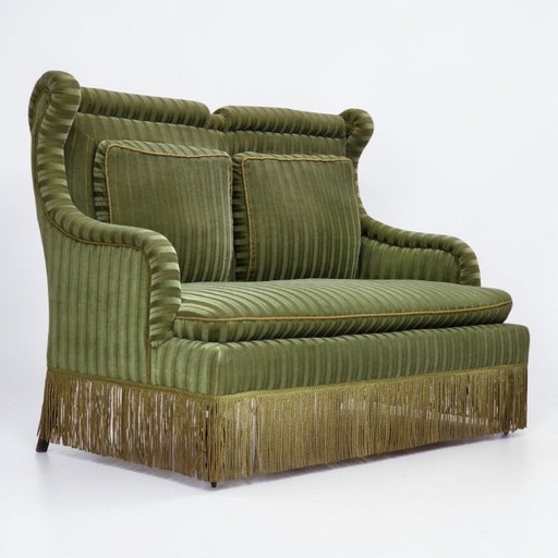 Deense tweezitsbank uit de jaren 50, groen meubelvelours, beukenhout.