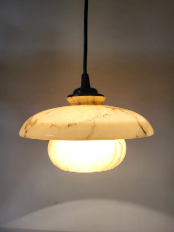 Image 1 of Uran- oder annagrüne Glaspendelleuchte, seltenes Modell, Scailmont, Art déco