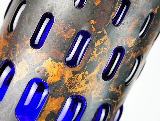 Image 1 of Lámpara colgante moderna de mediados de siglo en cobre flameado y vidrio azul, década de 1960