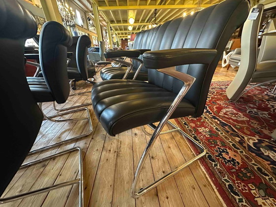 Image 1 of Set of 6 Vintage Walter Knoll ‘Art Collection’ Dining Chairs – Black Leather & Chrome