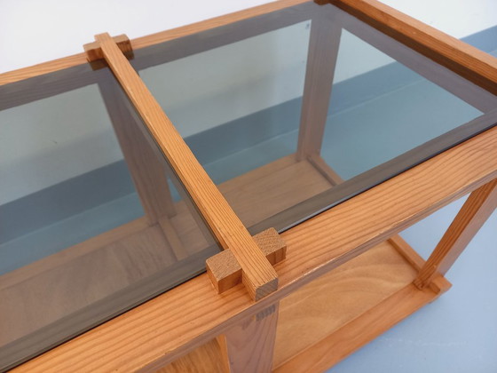 Image 1 of Vintage rectangular coffee table in pine and smoked glass from the 70s and 80s