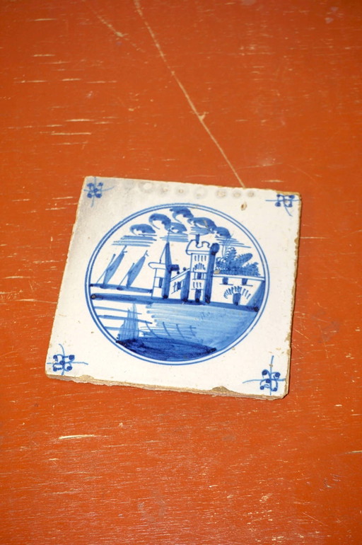antique dutch delft tile with blue hand-painted castle scene and ships * 18th century ceramic * wall decor or collector’s tile