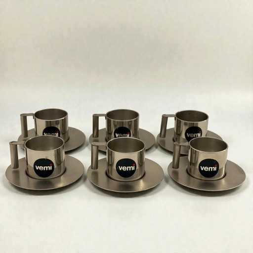 Italienische Espressotassen und Untertassen aus Edelstahl von Vemi (6er-Set)