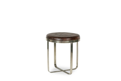 Round industrial-style stool in metal and leather. 1970s