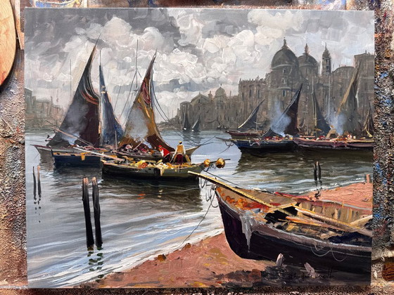 Image 1 of Authentic Pasquale Vuotto Oil painting – Venice in the harbor