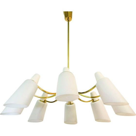 Image 1 of Lustre Spoutnik vintage avec 8 abat-jour en opaline par Stilnovo Style, Italie 1950