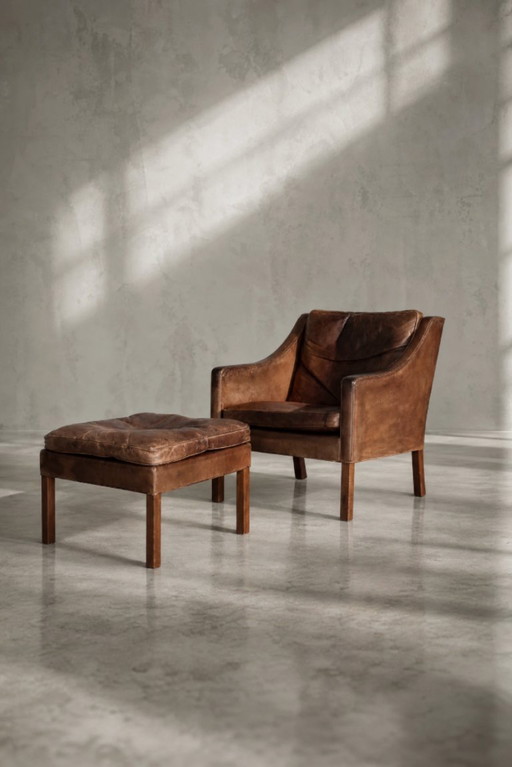 Vintage Mid-Century Deense moderne lounge lederen stoel & poef model 2207 door Børge Mogensen voor Fredericia, jaren 1960,