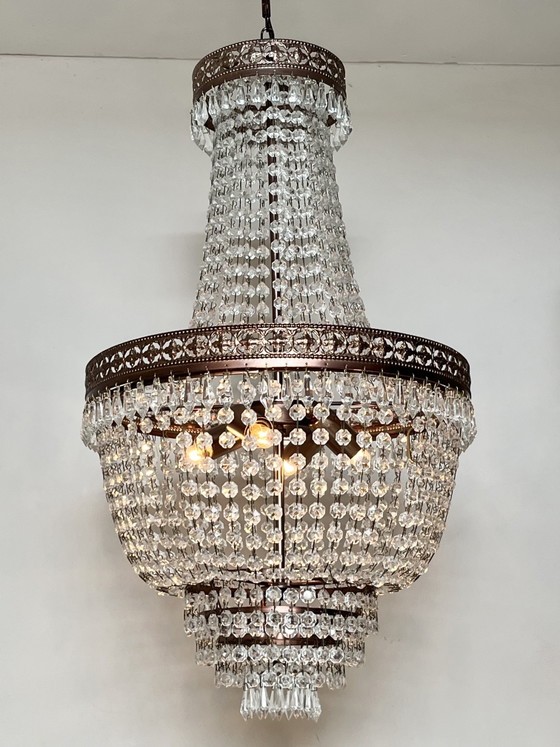 Image 1 of Vintage kristallen kroonluchter hanglamp met punt pegels Zakkroonluchter brons frame