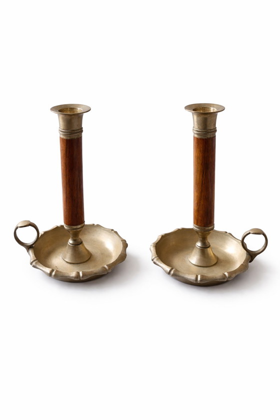 Image 1 of SELTENE Mid-Century-Kerzenständer aus Messing und Holz „EF M5“ – Paar aus den 1950er Jahren