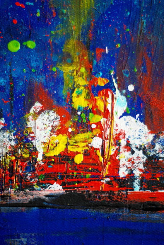 Image 1 of Abstract blue and red colors acrylic painting on stretched canvas