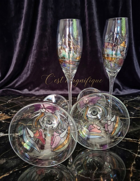 Image 1 of 4 calici da champagne Paul Nagel Germany, soffiati a mano, dipinti a mano e con decorazioni dorate.