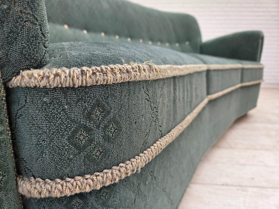 Image 1 of 1960s, Danish 3-seater curved sofa, light green furniture fabric, original condition.