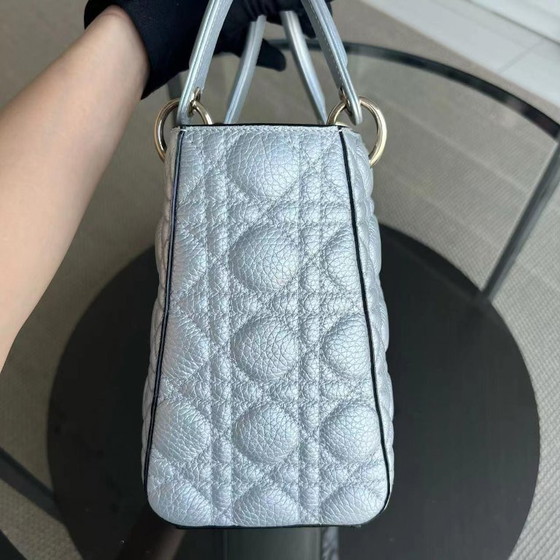 Image 1 of *FLAP OPEN* DIOR LADY MEDIUM - GRAINED CALFSKIN METALLIC SILVER GOLDEN HARDWARE