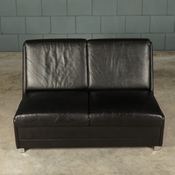 Midcentury zwart lederen tweezitsbank – jaren 60 – 2 zitsbanken, Textile, Vintage (photo 10 of 11)