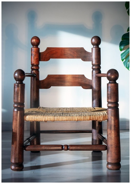 Eikenhouten en biezen fauteuil, brutalistische stijl, Charles Dudouyt, jaren 40