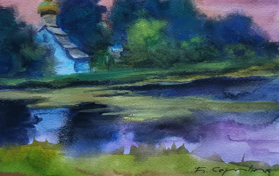 Original Watercolor Painting Nature Landscape Meadow Church Morning over the River – Paintings & Drawings (photo 7 of 7)