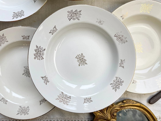 6 Vintage Digoin & Sarreguemines France 1950 Porseleinen Diepe Borden met Kleine Gouden Bloemen – Servies (photo 11 of 14)