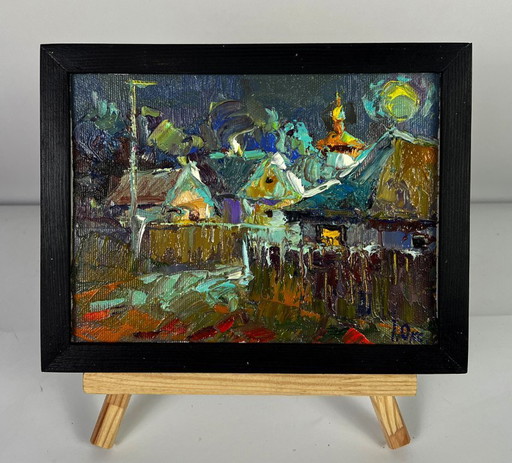 Peinture à l'huile originale représentant un paysage champêtre nocturne au clair de lune dans un village