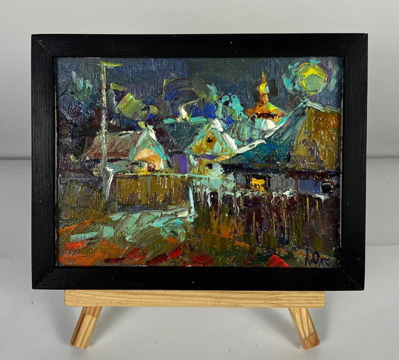 Image 1 of Peinture à l'huile originale représentant un paysage champêtre nocturne au clair de lune dans un village