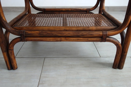 Image 1 of Vintage salontafel van bamboe, rotan en leer uit de jaren 60.