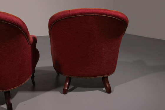 Image 1 of Pair of French Red fabric Button Back Armchairs 