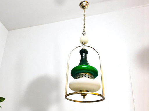 Portuguese Mid Century Modern Green Opaline Milk Glass Chandelier for High Ceilings, 1940s-50s