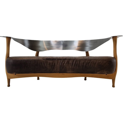Vintage "Fantasy Island" Sofa aus Holz, Stahl und Leder von Kurt Bayer, Deutschland 1980