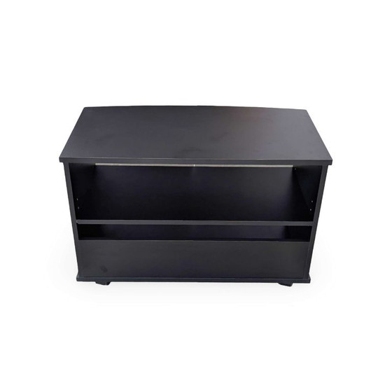 Vintage zwart tv-dressoir ladekast op wielen design dressoir, tv-meubelen, Glas, Hout (foto 5 van 7)
