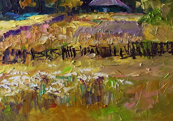 Image 1 of Origineel olieverfschilderij: Landelijk landschap met herfstbloemen in de tuin.