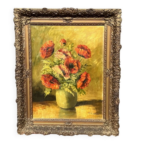 H.J. van Wijngaarden (1906–1986). Nature morte ancienne aux coquelicots dans un magnifique cadre baguette.