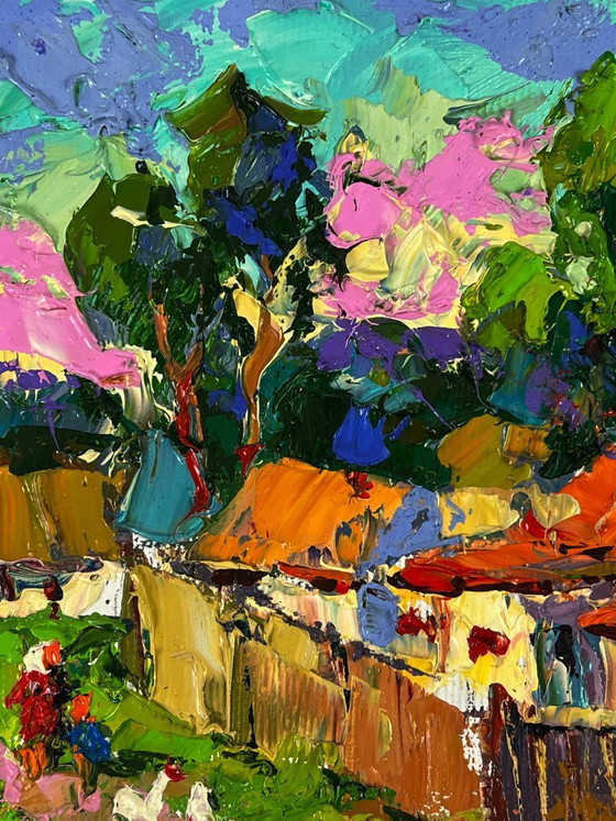 Image 1 of Peinture à l'huile originale représentant un paysage rural dans une rue du village par une chaude journée ensoleillée.