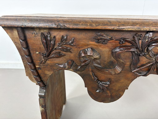 19e Eeuws Antiek Bestee- en Beddenbankje –  Eiken Gedecoreerd met Motief 