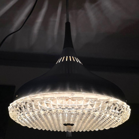 Image 1 of Scandinavian Mid Century Modern Chromed Aluminium Hanging Light with Wooden Accent, 1970s