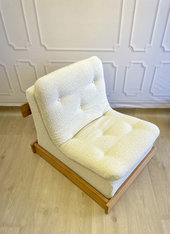 Image 1 of Brutalistische vintage eiken fauteuil – ecru bouclé stof