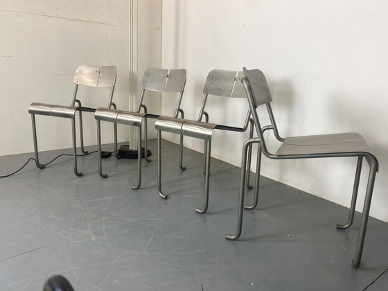 Image 1 of  Sillas de comedor arquitectónicas postmodernas de acero inoxidable, años 80, juego de 4