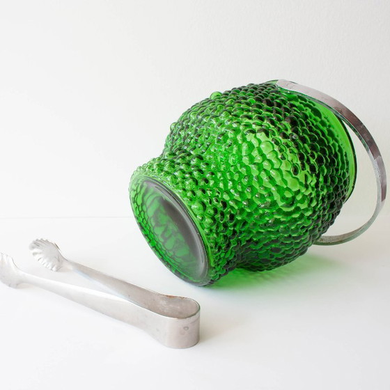 Image 1 of Vintage Green Set of 6 Cocktail bubble glasses, ice bucket and ice clamps, 1970's