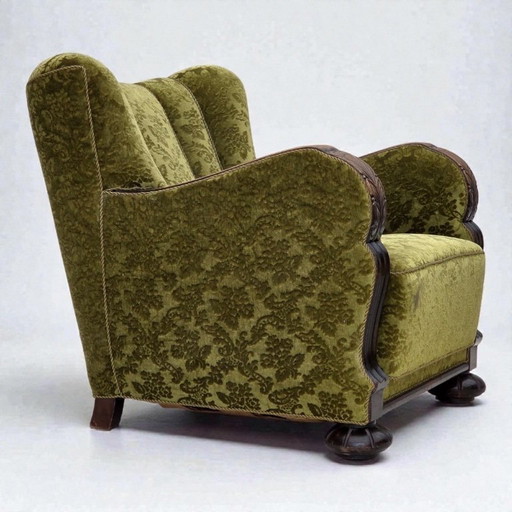 Fauteuil relax danois des années 1950, revêtement en velours, bois de chêne.