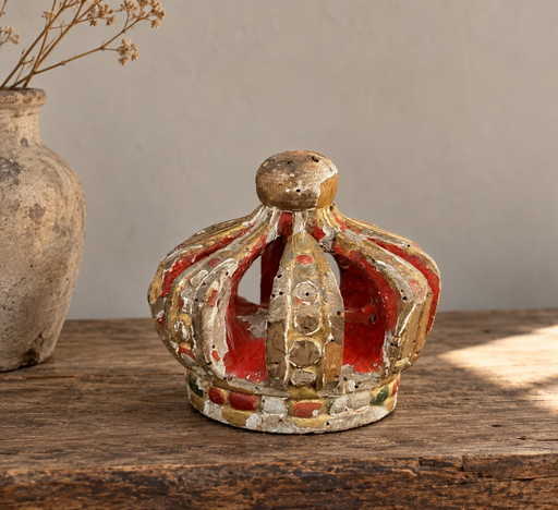 Corona Religiosa Barocca Spagnola in Legno Policromo Dorato, XVIII Secolo – beeldhouwkunst, Wood