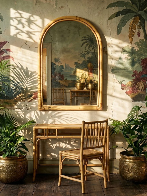 Large Italian bamboo arch wall mirror, Riviera style, 1950s-60s