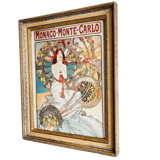 Vintage Art Nouveau Alphonse Mucha painting Monte Carlo gold picture frame wood 1940s