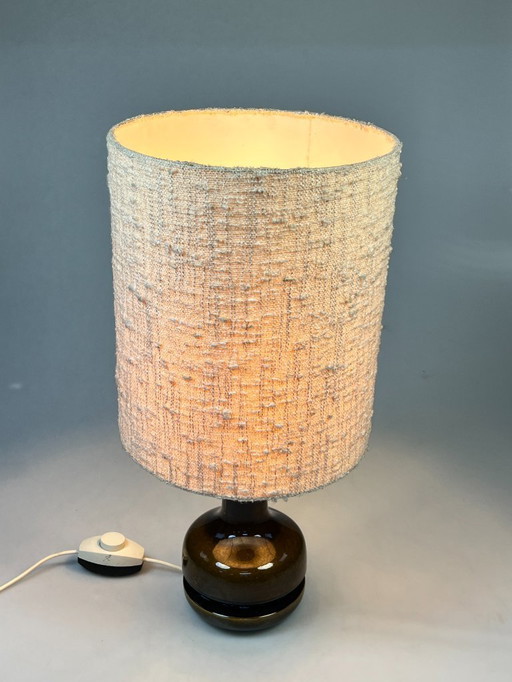 Vintage Earthenware Table Lamp, Green/Brown Ceramic with Wool Shade, Germany 1970s