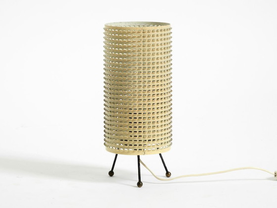 Image 1 of Original 1950s brass tripod table lamp with a perforated metal lampshade