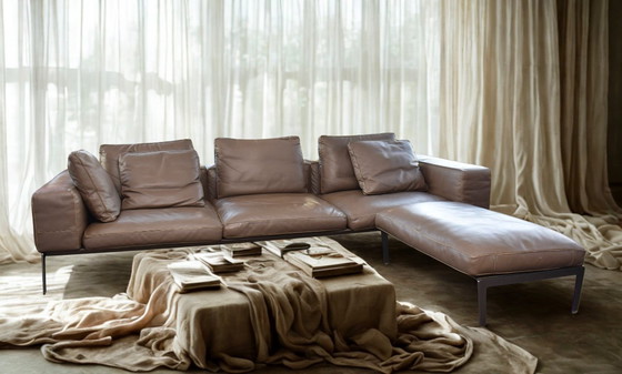 Image 1 of Ensemble canapé et repose-pieds Unique Flexform Lifesteel Pelle en cuir taupe marron