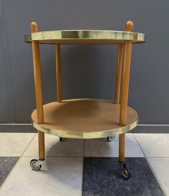 Image 1 of Wood Round Serving Trolley Side Table 1960s