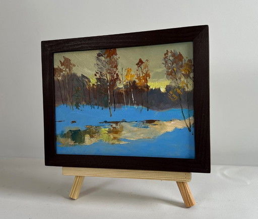 Original Oil Painting Evening Forest Landscape Reflection of a yellow sunset